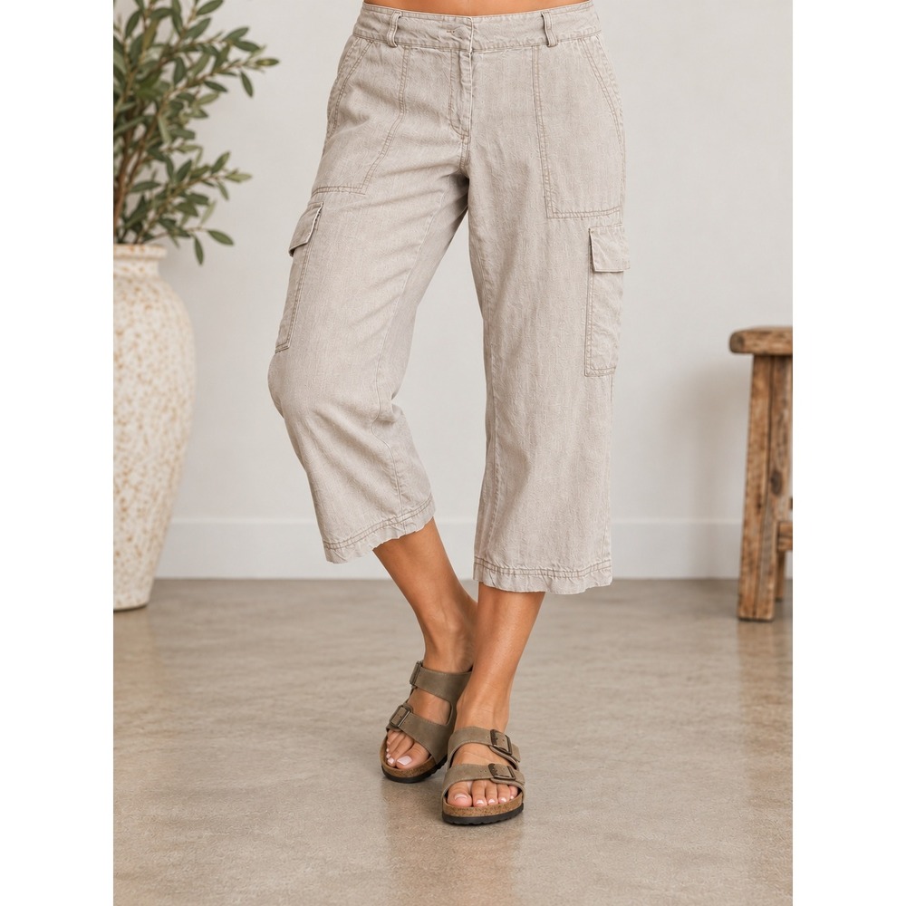 Eileen Fisher Organic Linen Cargo Capri Pants Womens 10 Tan Minimalist Boho Eco